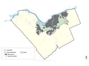 A map of the urban boundary in relation to the city boundary.