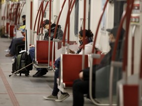 man is seen wearing a mask in the subway during morning commuting hours as Toronto copes with a shutdown due to the Coronavirus, on April 1, 2020 in Toronto, Canada.