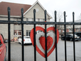 A heart in support of frontline workers placed on the fence at the Anson Place Care Centre in Hagersville, Ont.