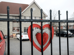 A heart in support of frontline workers placed on the fence at the Anson Place Care Centre in Hagersville, Ont.