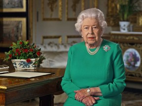 Queen Elizabeth makes her recent address to the Commonwealth in relation to the coronavirus epidemic (COVID-19), at Windsor Castle on April 5.