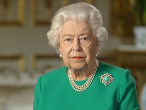 Buckingham Palace handout image of Britain's Queen Elizabeth during her address to the nation and the Commonwealth in relation to the coronavirus epidemic (COVID-19), recorded at Windsor Castle, Britain on Sunday.