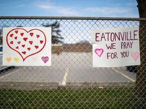 Signs of support for workers at Eatonville Care Centre, a long term care home, after several residents died of the coronavirus disease (COVID-19) in Toronto, Ontario, Canada April 23, 2020.