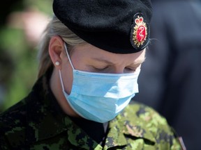Canadian Armed Forces (CAF), Lt. Cmdr. Heather Galbraith, is seen after speaking with the media at Villa Val des Arbres, a seniors' long-term care centre, as they arrive to help amid the outbreak of the coronavirus disease (COVID-19), in Montreal, Quebec, Canada April 20, 2020.