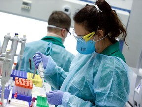 FILE PHOTO: Employees in protective clothing carry out tests for the coronavirus at a laboratory