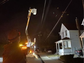 Hydro Ottawa crews work on the lines after a wild turkey caused a power outage on Saturday, April 11, 2020. Hydro Ottawa