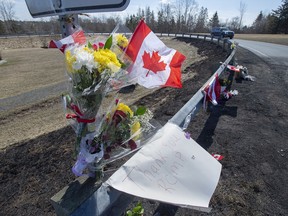 A memorial pays tribute to RCMP Const. Heidi Stevenson along the highway in Shubenacadie, N.S.