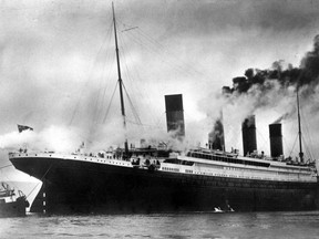 The White Star Liner Titanic, pictured at sea in 1912 on its maiden voyage from Southampton, U.K. to New York, U.S. After colliding with an iceberg off the coast of Newfoundland on the night of April 14th/15th the vessel sank. Over 1,600 people on board lost their lives.
