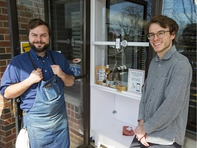 Dave Wallace, left, is owner of Around the Block Butcher Shop. His younger brother, Josh, helped design and build the 'Window Stop' a contactless airlock-like interface between staff and customers.