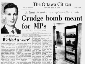On May 18, 1966, a bomb intended for MPs detonated prematurely in a Parliament Hill bathroom, killing 45-year-old Paul Joseph Chartier, who had planned to kill as many members as possible, 'for the rotten way you are running this country.'