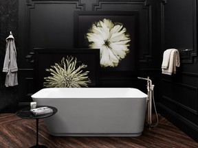 The DXV Modulus bathtub and tub filler have a statuesque, sculptural quality.