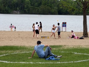 Physical distancing painted circles at Mooney's Bay's beach during COVID-19, May 29, 2020.