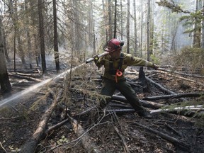 A firefighter extinguishs hotspots beside Highway 35 just south of the town of High Level on Friday, May 25, 2019. Nearly 400 firefighters, 28 helicopters, and eight air tankers continue to battle northwest Alberta wildfires.