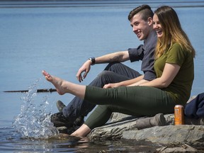 On the day Mayor Jim Watson declared all city parks now open, Anna Lupine and Justice Tysick enjoyed the afternoon sitting on the break water and splashing a bit in the water at Britannia Park.