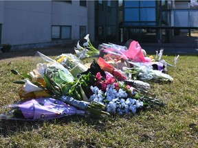FILE: Taken on April 16, 2020 shows flowers outside the Herron private nursing home in Dorval, west of Montreal.