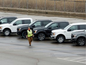 Ford Motor Company F-150's are being moved to a storage area outside of their Dearborn Truck Assembly on May 18, 2020 in Dearborn, Michigan.