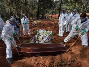 Employees bury the coffin of a person who died from COVID-19 at the Vila Formosa cemetery, in the outskirts of Sao Paulo, Brazil on May 20, 2020. Brazil has emerged as the latest flashpoint in the coronavirus pandemic.