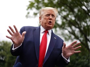 US President Donald Trump speaks to the press as he departs the White House in Washington, DC, on May 21, 2020. - Trump said Thursday that the United States is withdrawing from the Open Skies arms control treaty with Russia, accusing Moscow of breaking the terms.