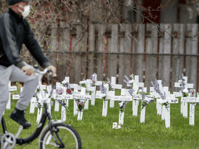 Crosses placed at Camilla Care Community long-term care facility in Mississauga, Ont., where fifty people have died of COVID-19.