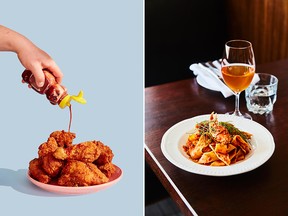 Vin Mon Lapin’s Sourdough Fried Chicken, left, and Nora Gray’s Crabsta from Elena and Friends: A Tight-Knit (But Socially Distanced) Community Cookbook.