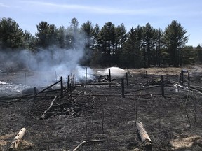 This brush fire on Galetta Side road started in a burn bin, which threw off sparks. The fire swept through 10 acres of property and destroyed two barns