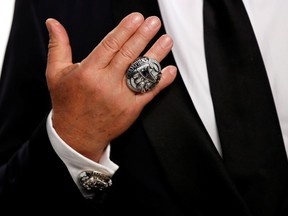 FILE PHOTO: New England Patriots owner Robert Kraft with his Super Bowl championship ring at the 2017 Oscars Vanity Fair Party