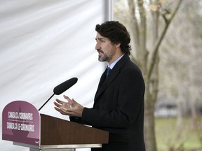 Prime Minister Justin Trudeau speaks during his daily news conference on the COVID-19 pandemic outside his residence at Rideau Cottage in Ottawa, on Monday, May 4, 2020.