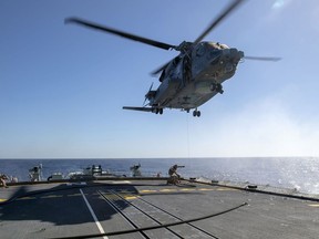 The Cyclone helicopter that crashed off the coast of Greece on April 29 is shown in this Feb. 15 photo operating from HMCS Frederiction.