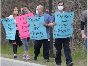 CUPE members at the Queensway Carleton Hospital protested what they say is the unfair distribution of pandemic pay at this May 17 rally.