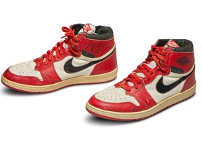 A pair of 1985 Nike Air Jordan 1s, made for and worn by U.S. basketball player Michael Jordan, are seen in an undated handout photo ahead of an online auction by Sotheby's New York.