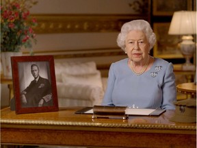 Queen Elizabeth II delivers an address to the nation and the Commonwealth on the 75th anniversary of VE Day at Windsor Castle, May 8.