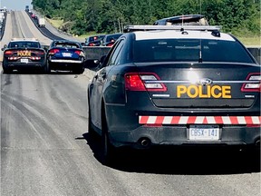 A photo from Ontario Provincial Police released of the scene of an incident in which three cruisers were damaged and an officer was injured after a suspect fled police.