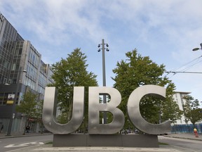 The UBC sign is pictured at the University of British Columbia in Vancouver on April 23, 2019.