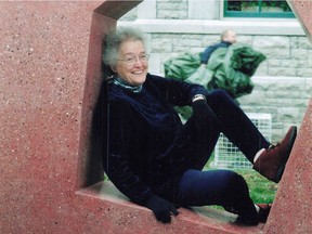 Dorothy O'Connell, the anti-poverty activist who died May 22, 2020. Photo shot at her monument, shortly after it was unveiled near City Hall, in 2004.