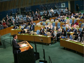Prime Minister Justin Trudeau addresses the UN General Assembly in September, 2017 in New York. Now he wants a Security Council seat.