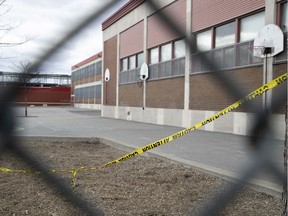 A file photo from May 5, 2020 of an empty playground at Saint-Bernardin school in the Saint-Michel district of Montreal.