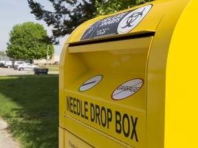 A needle drop box, used in harm reduction.