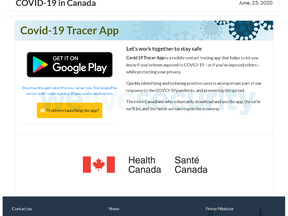 A screenshot of a counterfeit Health Canada website for a bogus COVID-19 contact-tracing app that hackers designed to seize control of a phone and hold its contents for ransom.