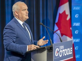 Conservative leadership candidate Erin O'Toole makes his opening statement at the start of the French Leadership Debate in Toronto on Wednesday, June 17, 2020.