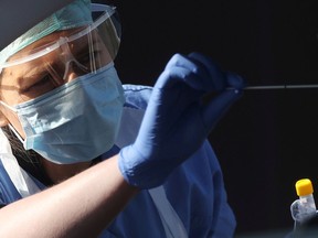 FILE PHOTO: A member of the medical staff takes a swab test for COVID-19.