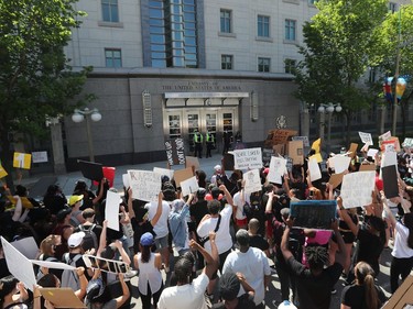 OTTAWA - Thousands of people gathered to join a Black Lives Matter protest and a support march for march for George Floyd in downtown Ottawa Friday June 5, 2020. Protesters gathered in front of the US Embassy in Ottawa Friday.