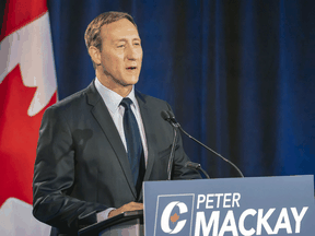 Conservative Party of Canada leadership candidate Peter MacKay makes his opening statement at the start of the French-language debate in Toronto on June 17, 2020.