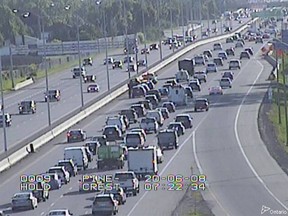 Snarled Queensway traffic before a crash was cleared around 7:45 a.m. on Monday, June 8, 2020.