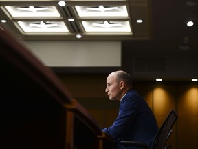 President of the Treasury Board Jean-Yves Duclos takes part in a press conference on Parliament Hill amid the COVID-19 pandemic in Ottawa on Monday, June 15, 2020.
