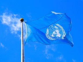 The United Nations flag is seen flying at its headquarters in New York City.