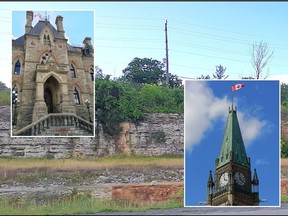 Along a stretch of Hwy. 417 east of Kanata, between Moodie Drive and Eagleson Road, passersby can readily lay eyes on the sandstone deposits in this part of former Nepean township, which were quarried for the construction of the original Parliament Buildings. At left, the West Block; at right, Centre Block.