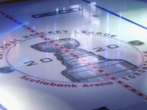 A general view of the in ice logos prior to the exhibition game between the Colorado Avalanche and the Minnesota Wild before the 2020 NHL Stanley Cup Playoffs at Scotiabank Arena on July 29, 2020 in Toronto, Ontario, Canada.