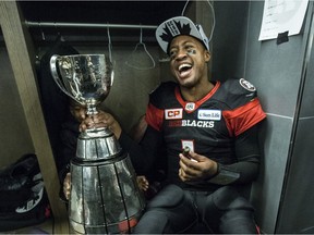 Redblacks quarterback Henry Burris celebrates after a 2016 Grey Cup Game victory in overtime against the Stampeders in Toronto.