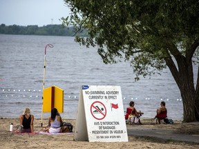 A sign warns beach-goers of a no-swimming advisory at Westboro Beach on Sunday, July 19, 2020.
