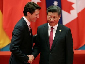 BETTER TIMES: Chinese President Xi Jinping shakes hands with Canadian Prime Minister Justin Trudeau during the G20 Summit in Hangzhou, Zhejiang province, China in 2016. Relations today are frayed.